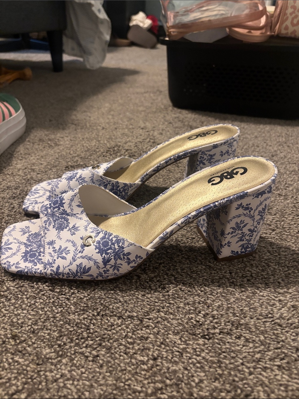 GBG White & Blue Floral Block Heel
